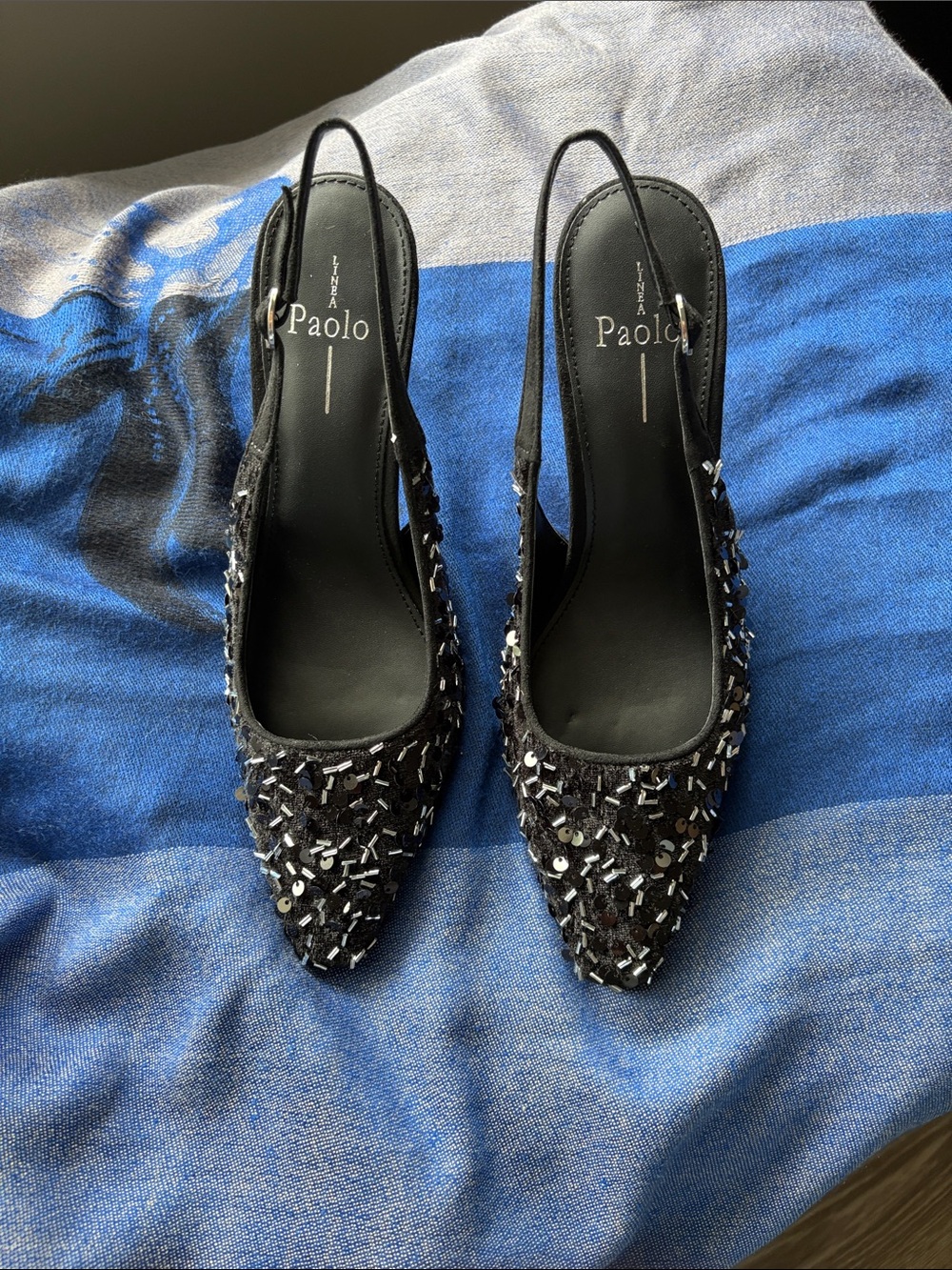 Paolo Black Velvet Sequin Slingback with Suede Heel and Bead Detail